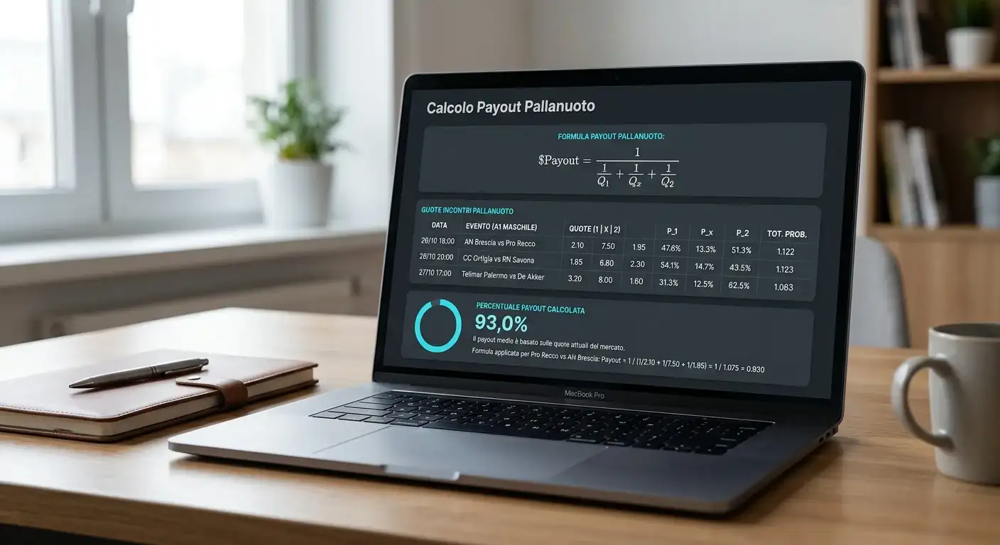 Schermata con formula del payout pallanuoto e somma dei reciproci delle quote