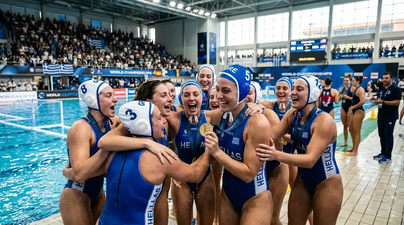 Squadra femminile della Grecia festeggia l'oro mondiale di pallanuoto