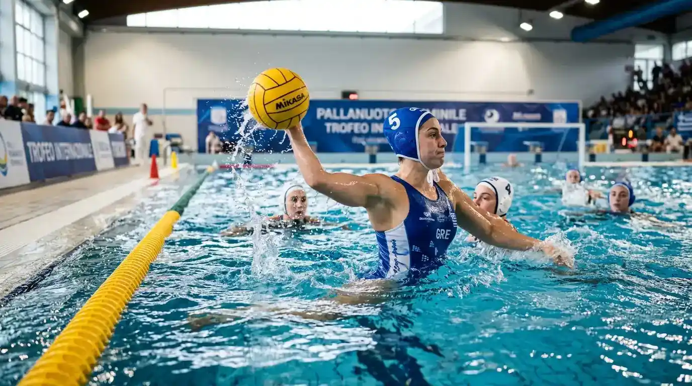 Giocatrice greca di pallanuoto in fase di tiro durante il torneo