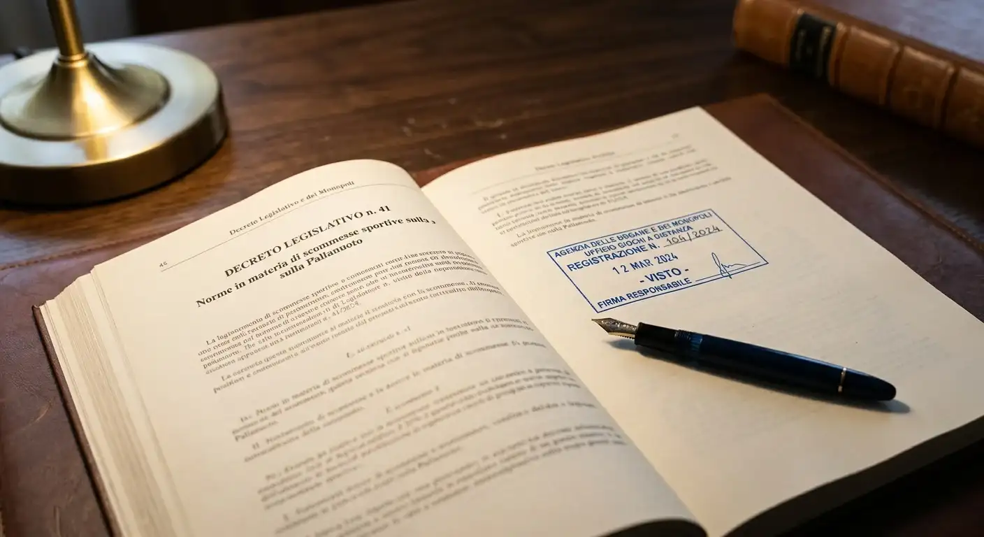 Documento del Decreto Legislativo 41 2024 sul gioco online aperto su una scrivania con timbro ADM