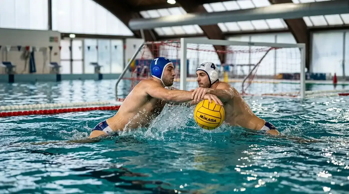 Pallanuotisti in azione durante una partita di Serie A1 in piscina coperta