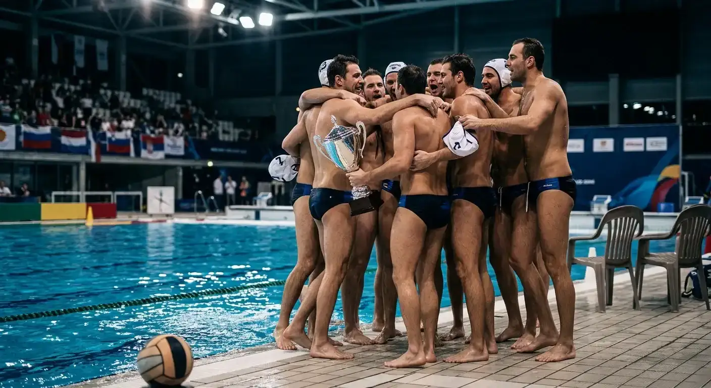 Festeggiamenti su podio di pallanuoto per la vittoria in LEN Champions League