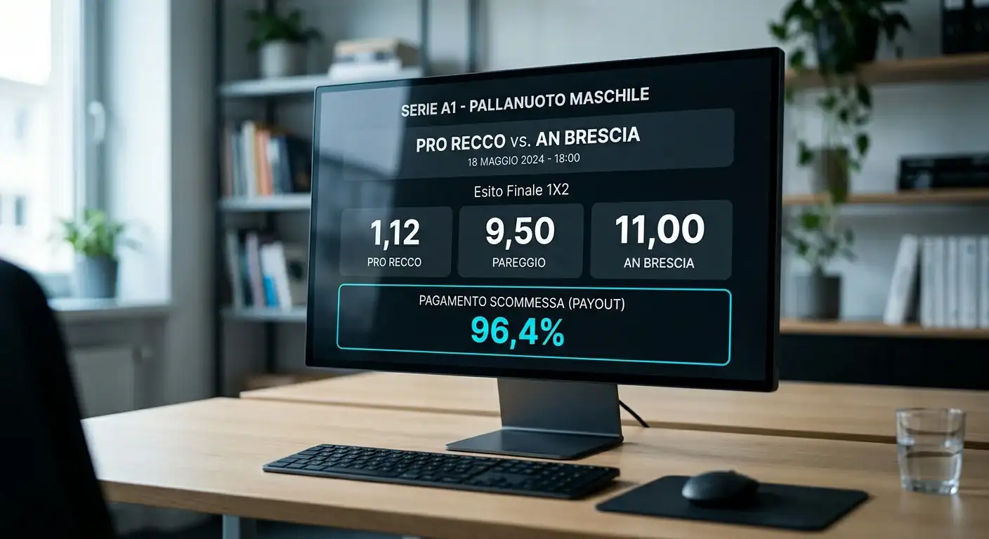 Lavagna pallanuoto Serie A1 con quote decimali e payout in evidenza su schermo nero