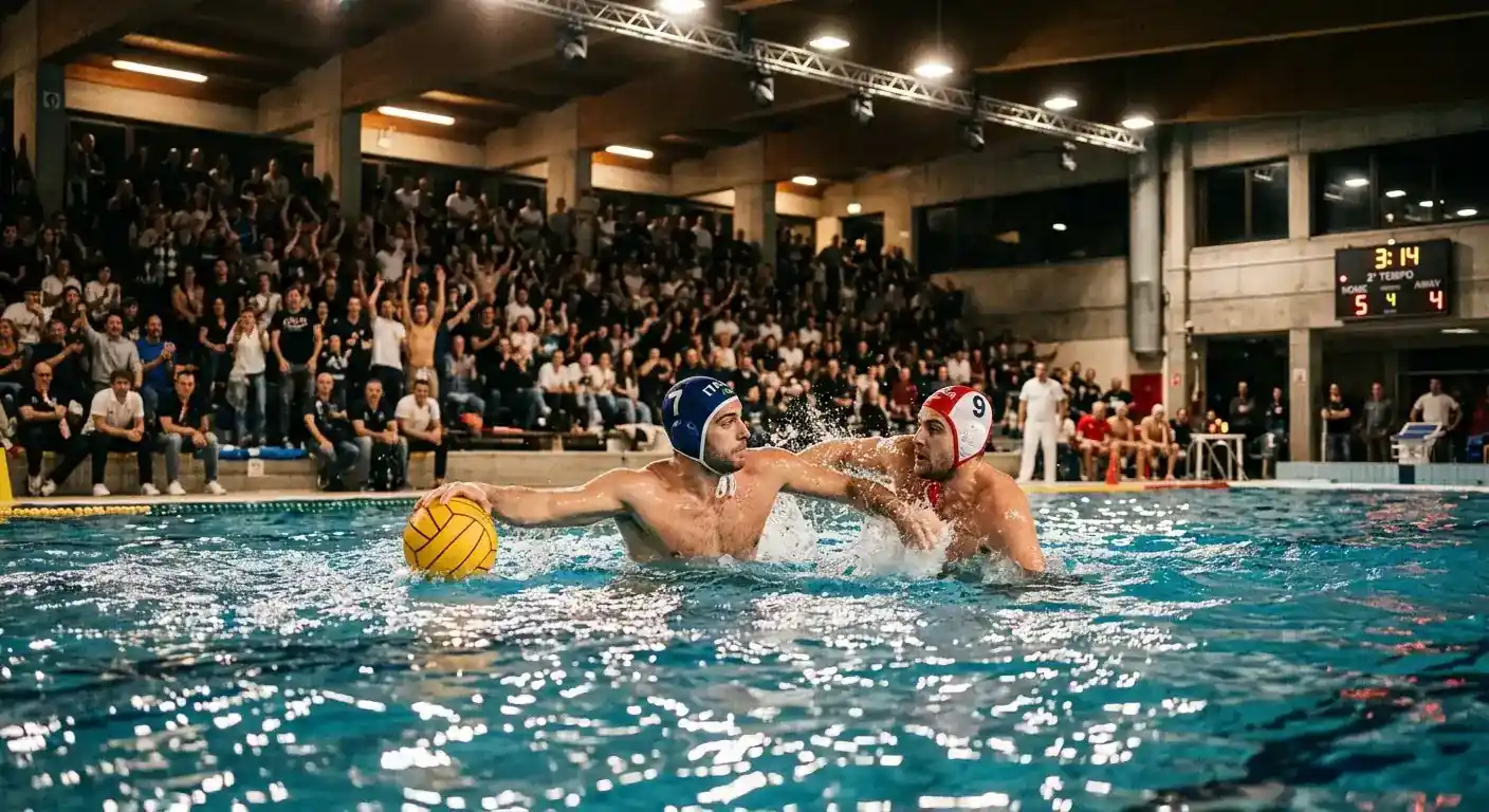 Partita di pallanuoto Serie A1 in piscina indoor con tribuna affollata e luci sportive