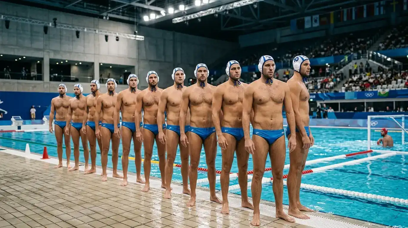 Giocatori della nazionale italiana maschile di pallanuoto schierati prima di una partita