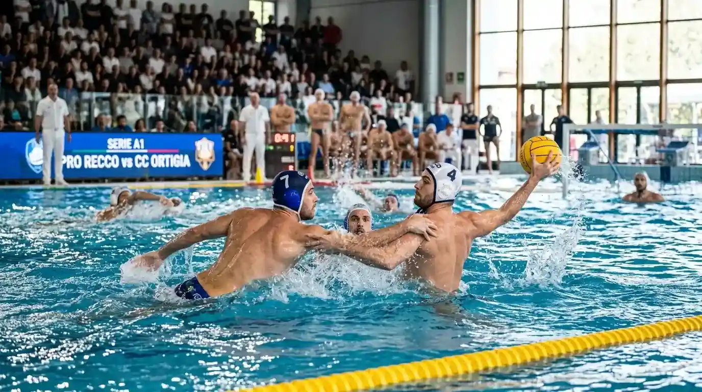 Azione di pallanuoto in piscina durante una partita di Serie A1 italiana